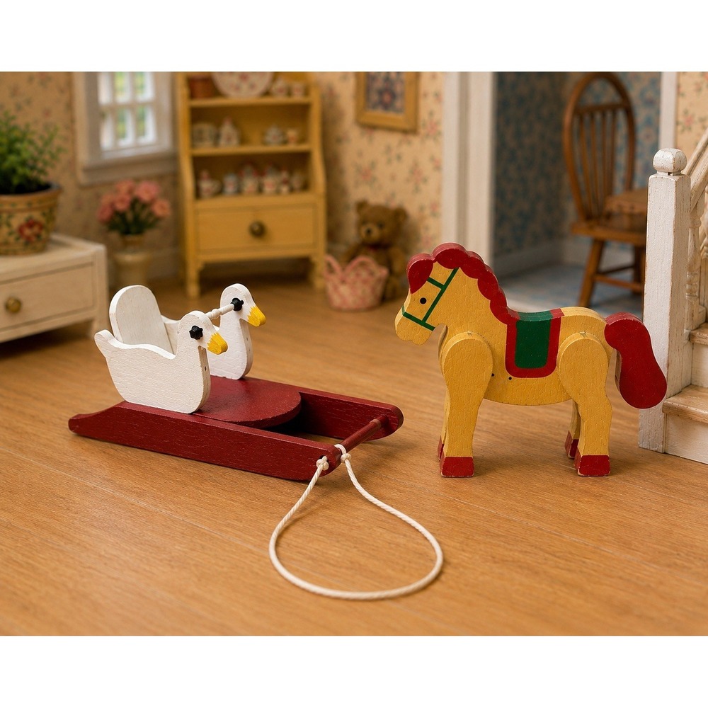 Vintage 1:12 Dollhouse Miniature Handmade Wooden Swan Sled Pull Toy Horse Set